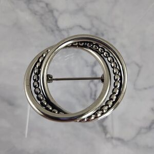 Vintage Beau Sterling Silver Brooch Pin Beaded Double Circle Design MCM